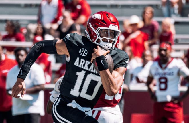 Arkansas quarterback Taylen Green runs the ball during the Red-White Spring Game on April 13 at Razorback Stadium in Fayetteville. 