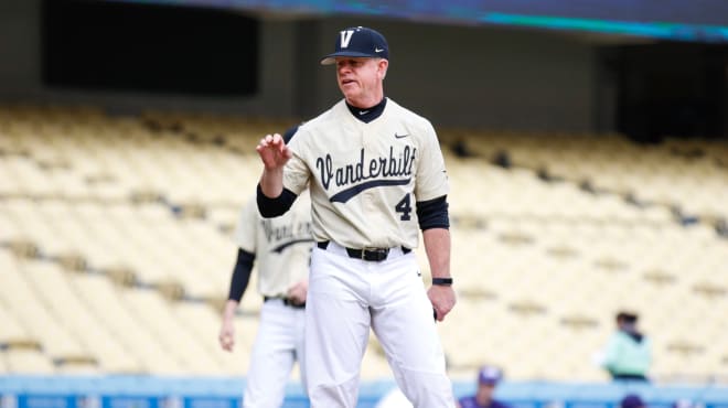 Vanderbilt coach Tim Corbin chats before VU's game with TCU.