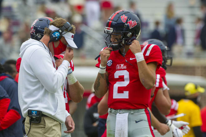 Ole Miss  Rebels head coach Lane Kiffin and Mississippi Rebels quarterback Matt Corral (2) during the second half against the Auburn Tigers at Vaught-Hemingway Stadium. Mandatory Credit: Justin Ford-USA TODAY Sports