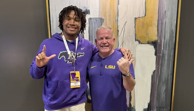 4-star S CJ Jimcoily with LSU Head coach Brian Kelly (Photo via CJ Jimcoily/X)