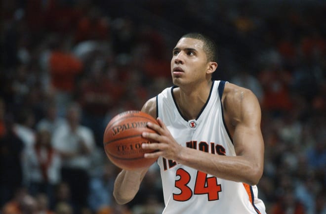 Brian Cook #34 of the University of Illinois at Urbana-Champaign Fighting Illini shoots a free throw during the Big Ten Men's Basketball Tournament Championship against the Ohio State University Buckeyes at the United Center on March 16, 2003 in Chicago,