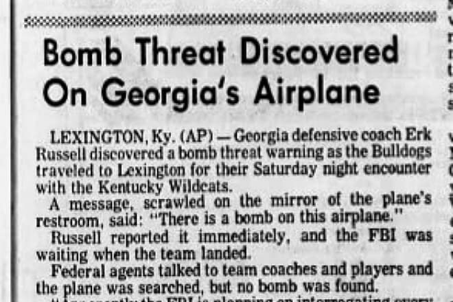The bomb threat on Georgia's plane to Lexington in 1974 made nationwide news.