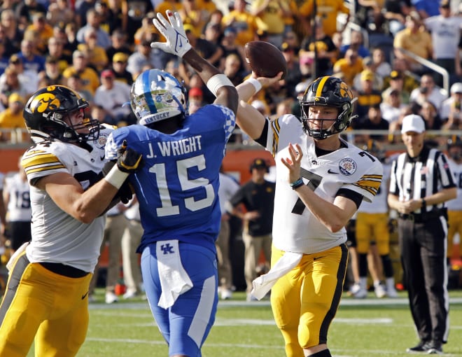 Kentucky outside linebacker Jordan Wright (15) pressured the Iowa quarterback during last year's Citrus Bowl. 