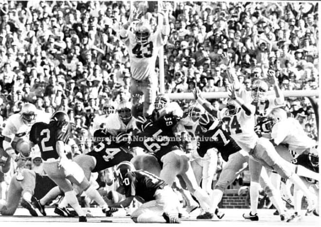 One of Bob Crable's (43) signature moments was blocking this Michigan field goal attempt in 1979 with seconds left to preserve a 12-10 Notre Dame win.