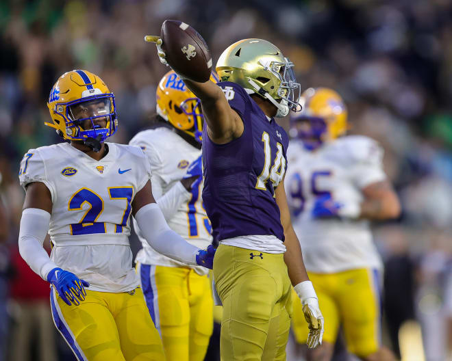 Departing Notre Dame freshman wide receiver Braylon James (14) signals for a first down after his only collegiate catch to date, Oct. 28 vs. Pitt.