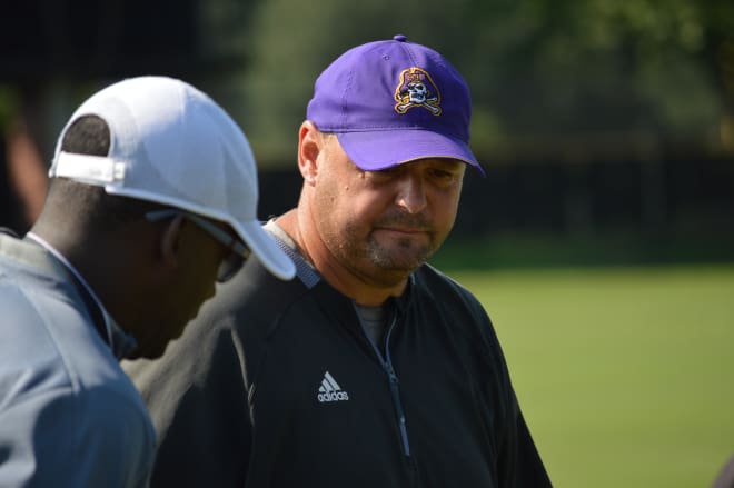 New ECU defensive coordinator David Blackwell took his group through their first day in full pads on Wednesday.