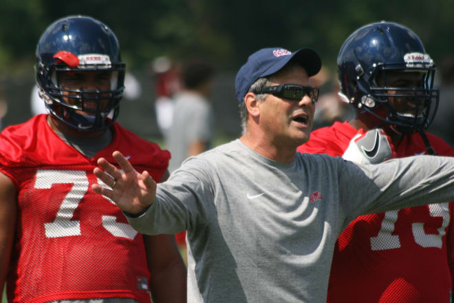 Ole Miss offensive line coach Jack Bicknell Jr. directs the Rebels during a practice earlier this month.