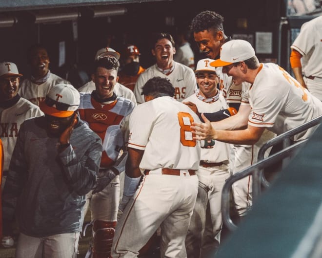 Dylan Campbell celebrates after his home run - Texas Baseball