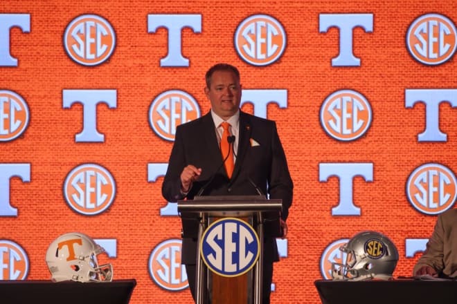 Tennessee head coach Josh Heupel speaks at SEC Media Days Tuesday in Hoover, Ala.