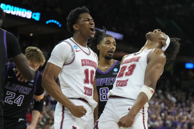 Alabama Crimson Tide forward Nick Pringle (23) celebrated play in the second half against the Grand Canyon Antelopes at Spokane Veterans Memorial Arena. Photo | Kirby Lee-USA TODAY sports