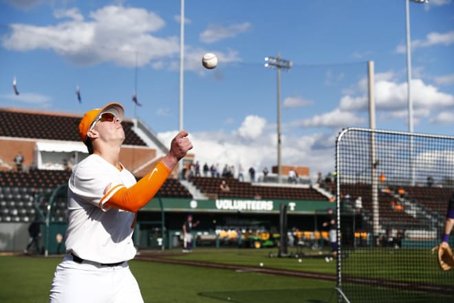 The Vols warm up ahead of Tennessee's match against Albany on Feb. 23, 2024.