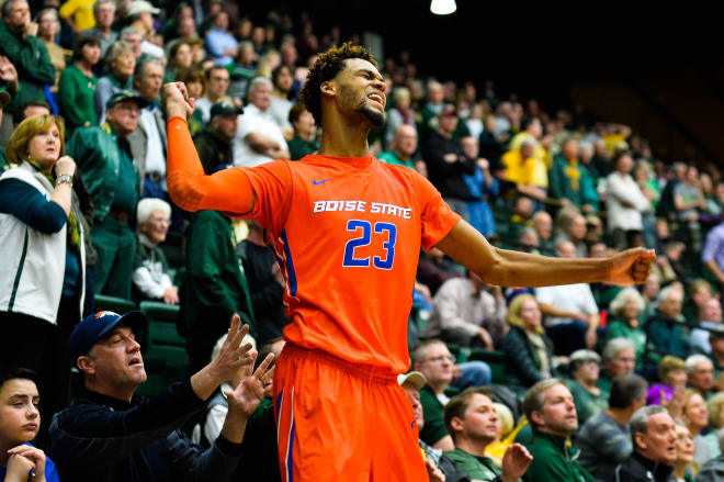 Fort Collins, CO, USA; Boise State Broncos forward James Webb III (23) reacts to a basket called off at the end of the first overtime against the Colorado State Rams at Moby Arena. The Rams defeated the Broncos in double overtime 97-93.