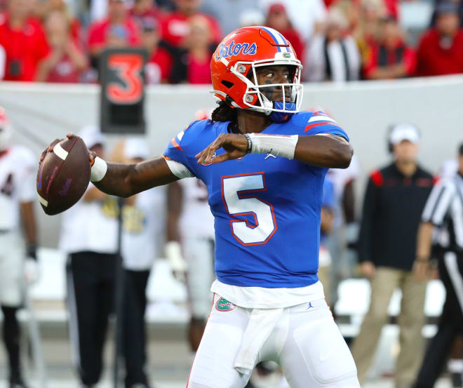 Florida Gators quarterback Emory Jones (5) throws the ball during the annual Florida Georgia rivalry game at TIAA Bank Field in Jacksonville Fla. October 30, 2021.