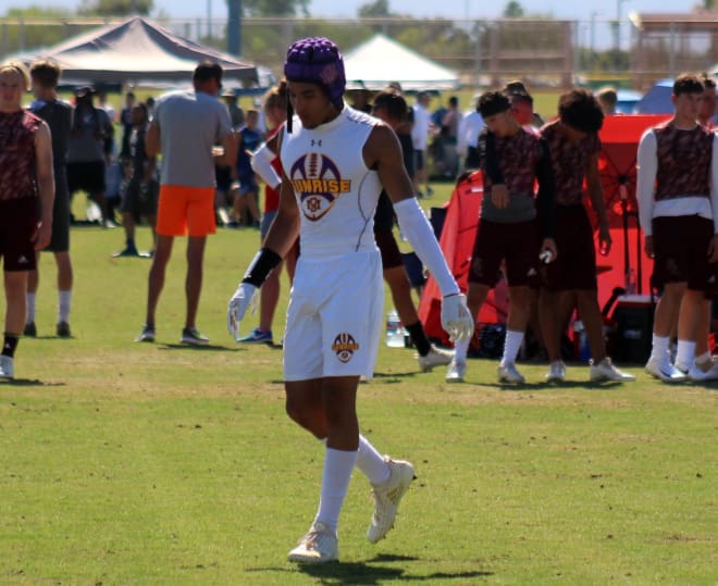 Sunrise Mountain's Jay Anderson in between plays at the West Side Passing Tournament last month.  Anderson is expecting to see time at RB, WR, and safety.