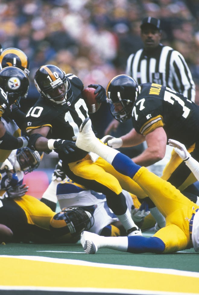 Kordell Stewart fights into the end zone during a Nov. 3, 1996 home game against the St. Louis Rams.