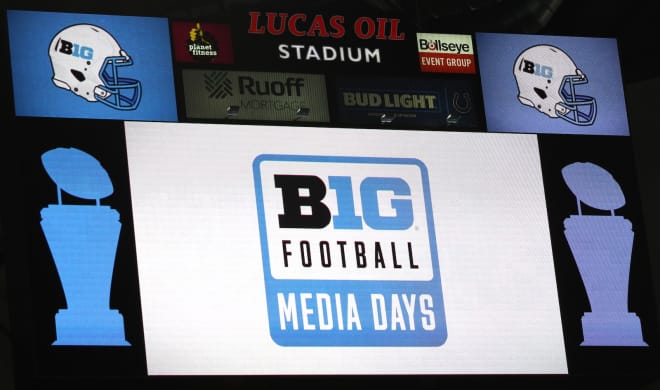 The scoreboard at Lucas Oil Stadium during Big Ten Media Days. BWI photo