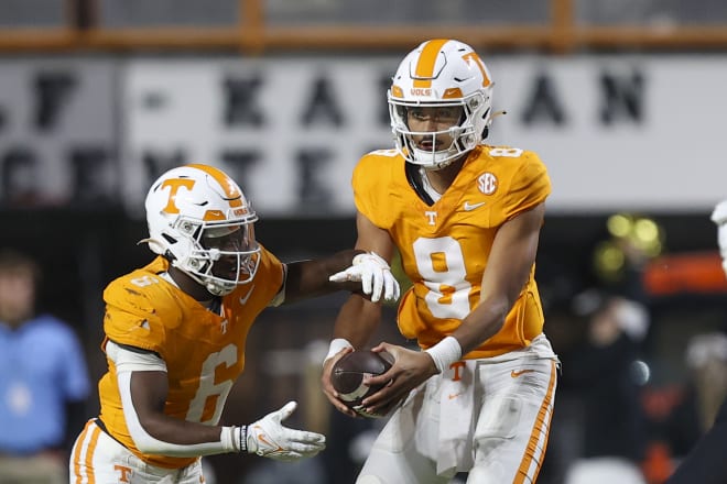 Nov 25, 2023; Knoxville, Tennessee, USA; Tennessee Volunteers running back Dylan Sampson (6) and quarterback Nico Iamaleava (8) during the second half against the Vanderbilt Commodores at Neyland Stadium.