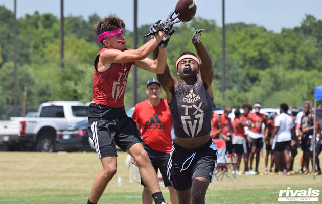 Jamal Morris (right) breaks up a pass at the Texas 7-on-7 Championships presented by adidas