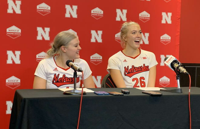 Nebraska setter Nicklin Hames and middle blocker Lauren Stivrins