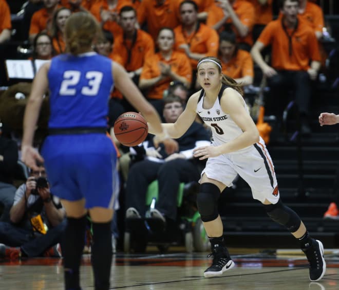 Creighton's Marissa Janning (23) watches as Oregon State's Mikayla Pivec (0) bring the ball up court during the first half of a second-round game in the women's NCAA college basketball tournament Sunday, March 19, 2017, in Corvallis, Ore. (AP Photo/ Timothy J. Gonzalez)