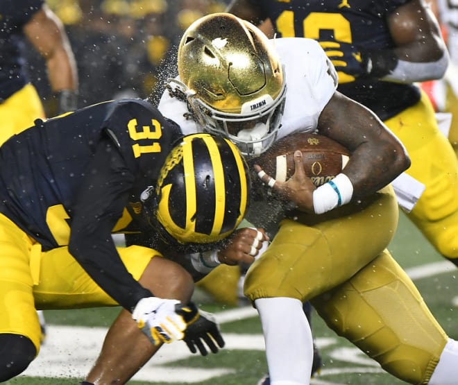 Tony Jones Jr. and the Notre Dame ground game was out-rushed 303-47 during a rainy night.