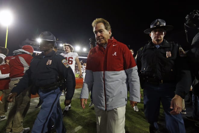 Alabama Crimson Tide Head Coach Nick Saban walks off the field after defeating the Mississippi Rebels at Vaught-Hemingway Stadium. Photo | Petre Thomas-USA TODAY Sports