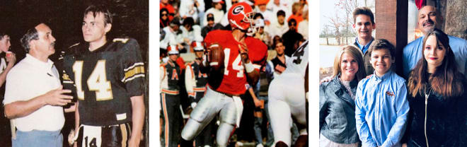 Preston Jones (L to R) confers with his father, assistant coach Wayne Jones, while the quarterback at T.L. Hanna; drops back to pass as a redshirt  freshman against Auburn in 1989; recently with his family in Anderson, S.C.