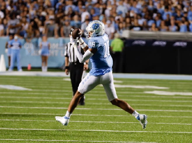 UNC sophomore TE Bryson Nesbit has 14 catches for 247 yards and three touchdowns this season.