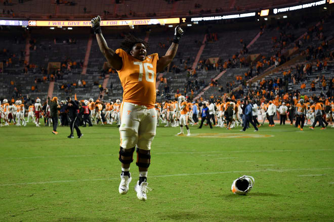 Tennessee offensive lineman Javontez Spraggins (76) celebrates the win during the NCAA football game between the Tennessee Volunteers and South Alabama Jaguars in Knoxville, Tenn. on Sunday, November 21, 2021.