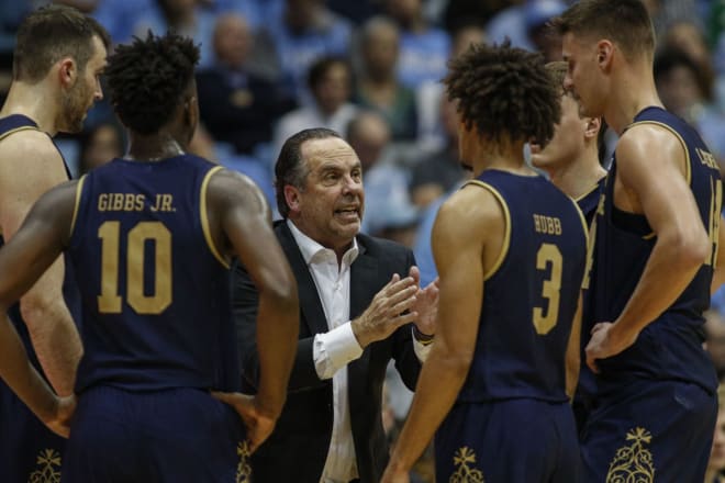 Notre Dame men’s basketball coach Mike Brey with his players during a game