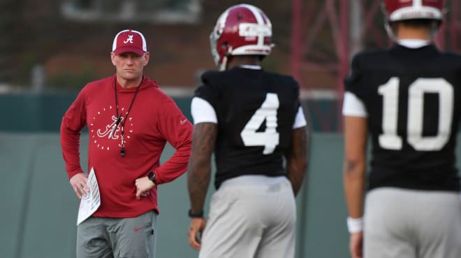 Alabama head coach Kalen DeBoer watches his quarterbacks go through drills during practice of the Alabama Crimson Tide football team. Photo | Gary Cosby Jr.-Tuscaloosa News / USA TODAY NETWORK