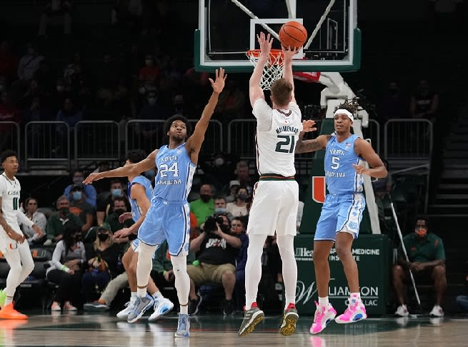 UNC made some late adjustments, but they didn't work, as Miami cruised to a 27-point halftime lead.