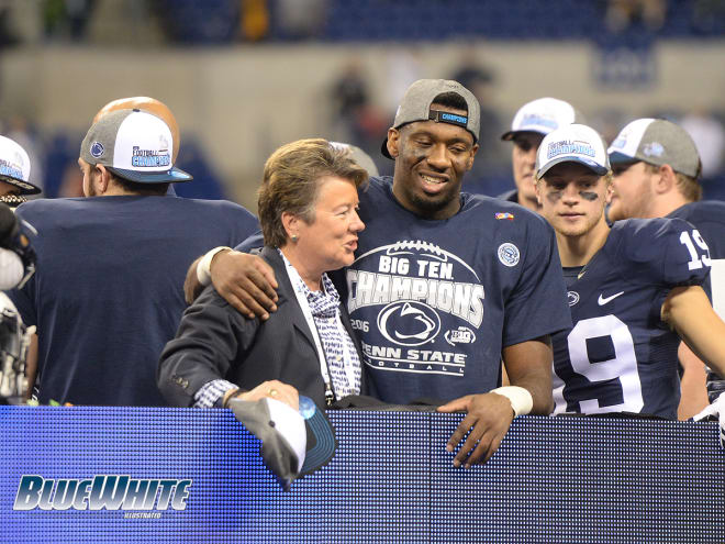 Sandy Barbour celebrated with the Nittany Lions following their Big Ten Championship Saturday night in Indianapolis.