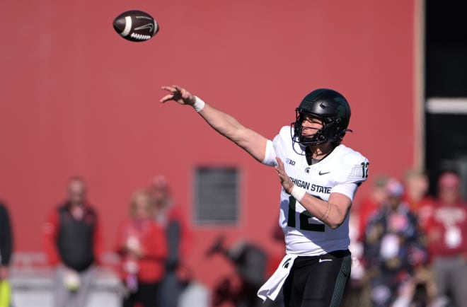 Michigan State quarterback Katin Houser throws a pass versus Indiana on Nov. 18, 2023. 