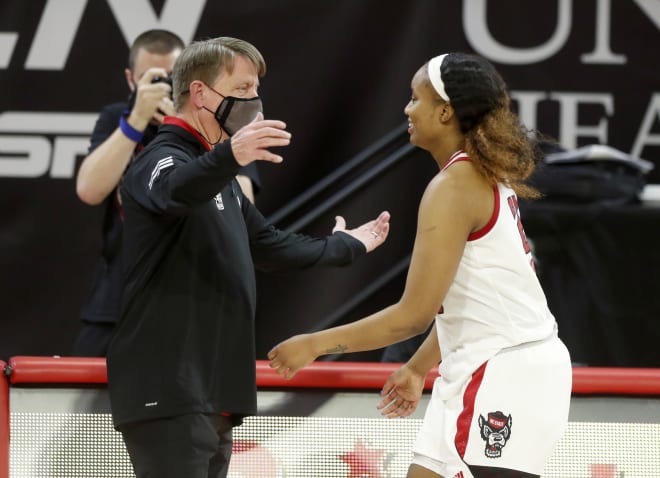 NC State Wolfpack basketball head coach Wes Moore and forward Kayla Jones