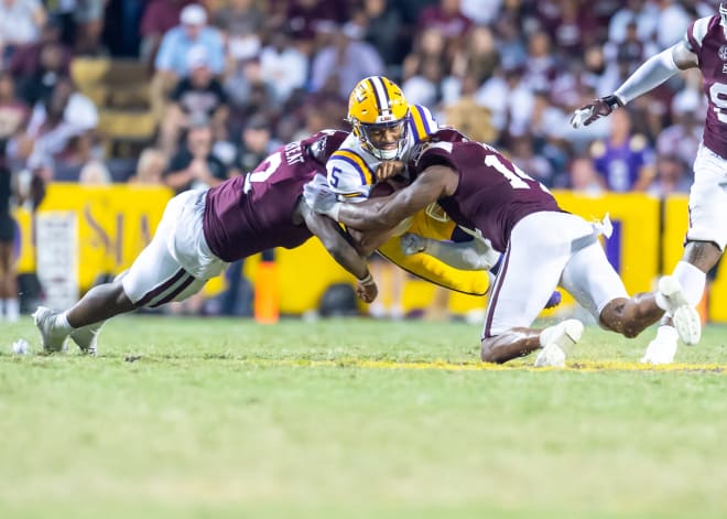 LSU QB Jayden Daniels is 8th in the SEC in rushing but he may not make it through the whole season if he doesn't avoid being made a sandwich by defenders like in Saturday's 31-13 SEC win over Mississippi State in Tiger Stadium.