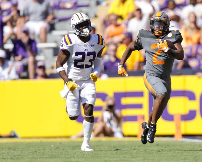 Tennessee running back Jabari Small ran for 127 yards and two TDs, including this non-scoring 49-yard run in the Vols' 40-13 SEC win at LSU in Tiger Stadium on Saturday afternoon.