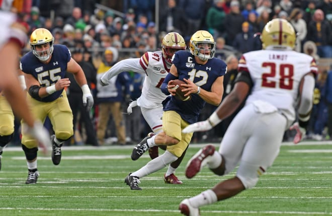 Notre Dame Fighting Irish fifth-year senior quarterback Ian Book versus Boston College in 2019