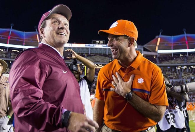 Florida State coach Jimbo Fisher and Clemson's Dabo Swinney share a laugh before last year's game at Doak Campbell Stadium.