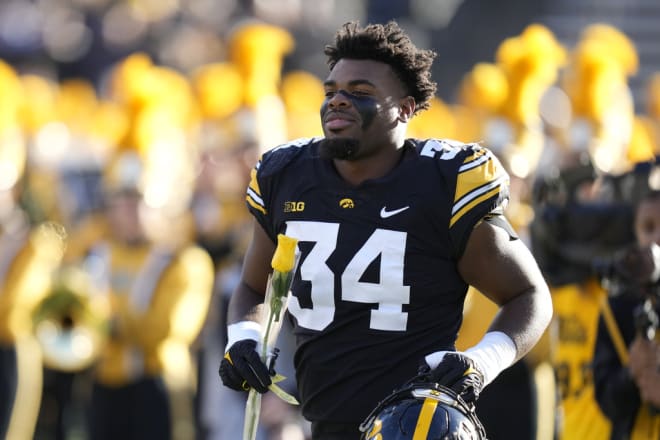 Senior linebacker Jay Higgins on 2023 Senior Day at Kinnick Stadium.