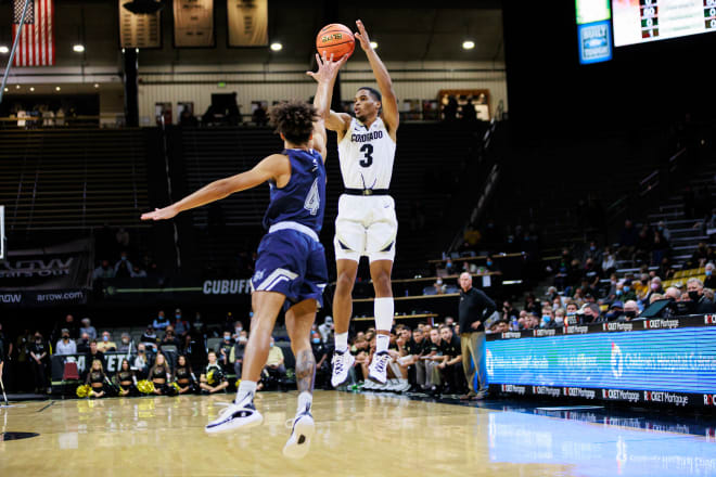 Redshirt sophomore point guard Keeshawn Barthelemy, who finished with nine points, takes a jump shot