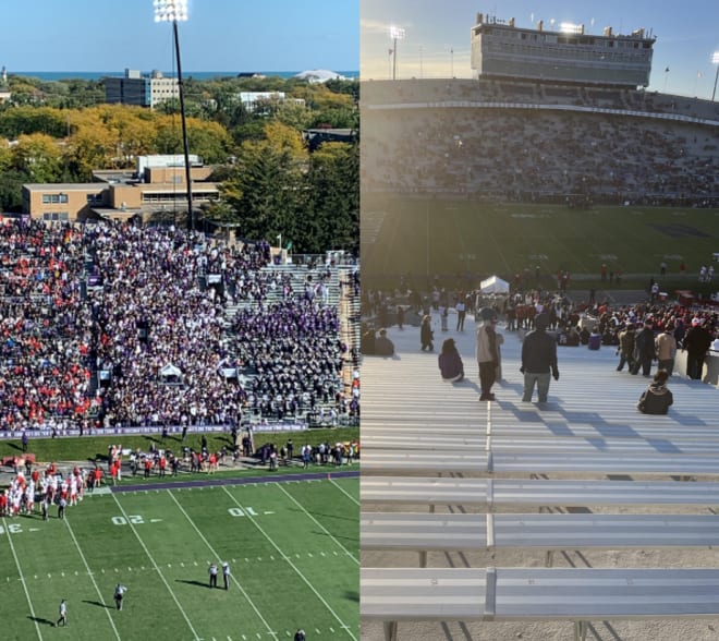 The Northwestern student section at the beginning (left) and end of the game.