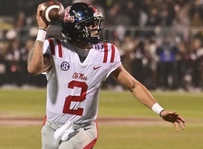 Ole Miss Rebels quarterback Matt Corral (2) looks to pass against the Mississippi State Bulldogs during the first quarter at Davis Wade Stadium at Scott Field.