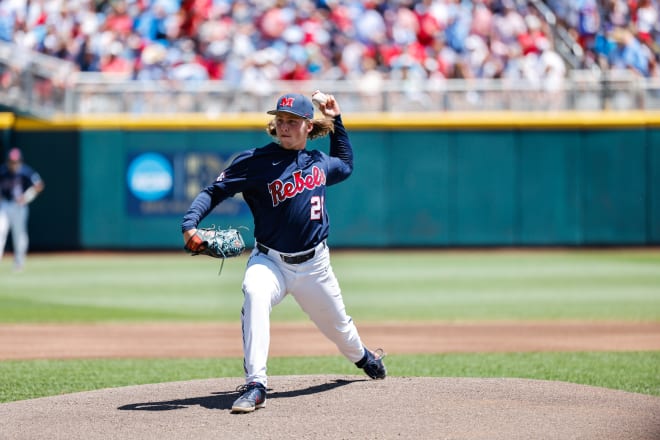 Ole Miss pitcher Hunter Elliott (26) pitches during the first inning against the Oklahoma Sooners at Charles Schwab Field. Mandatory Credit: Jaylynn Nash-USA TODAY Sports