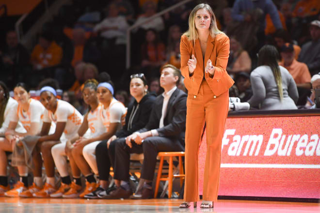 Tennessee head coach Kellie Harper cheers on her team during a game between the Tennessee Lady Vols and the Mississippi State Bulldogs, in Thompson-Boling Arena, in Knoxville, Tenn., Thursday, Jan. 5, 2023.