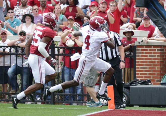 Alabama freshman Jerry Jeudy had five catches for 134 yards and two touchdowns during the Crimson Tide's A-Day scrimmage. Photo | USA Today