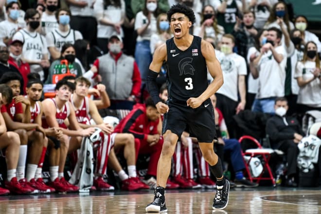 Michigan State's Jaden Akins celebrates after Indiana was called for an illegal screen foul during the second half on Saturday, Feb. 12, 2022, at the Breslin Center in East Lansing.  Credit: Nick King/Lansing State Journal / USA TODAY NETWORK