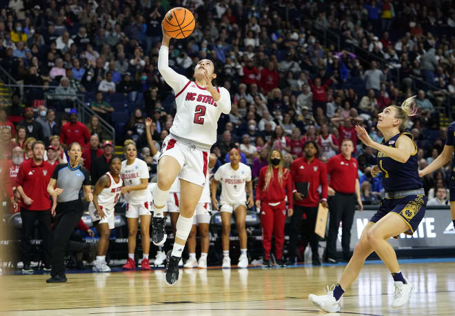 NC State's Raina Perez (2) scores the go-ahead basketball in the closing seconds of the Wolfpack's 66-63 Sweet 16 victory Saturday over Notre Dame.