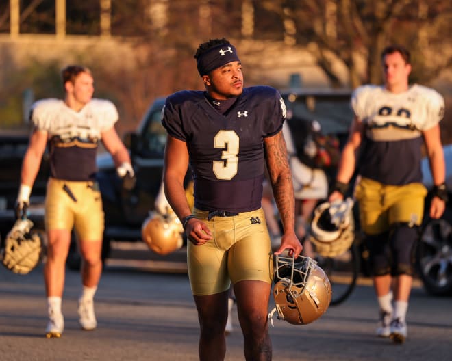 Departing Notre Dame running back Logan Diggs (3) heads to spring practice on April 12.