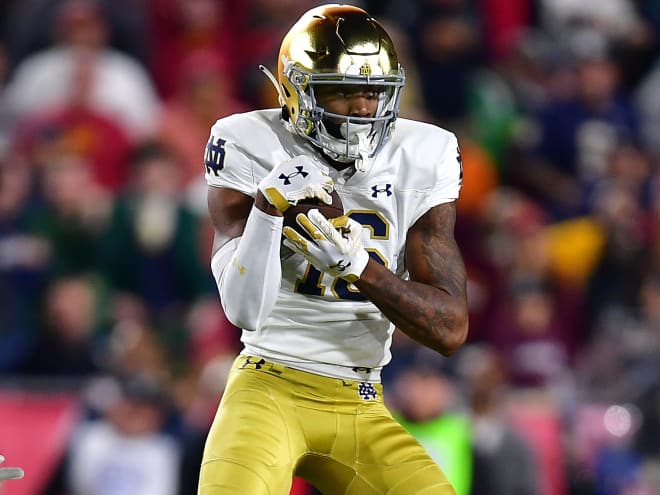 Notre Dame sophomore wide receiver Deion Colzie catches his first pass of the game against Southern California. 